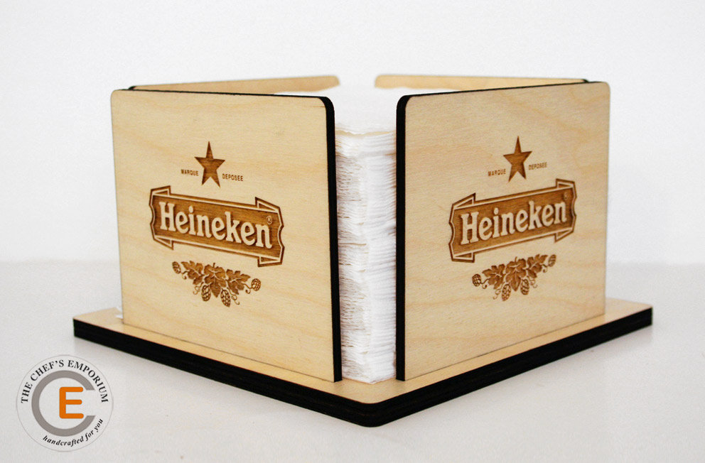 Branded promotional wooden cocktail napkin holder.