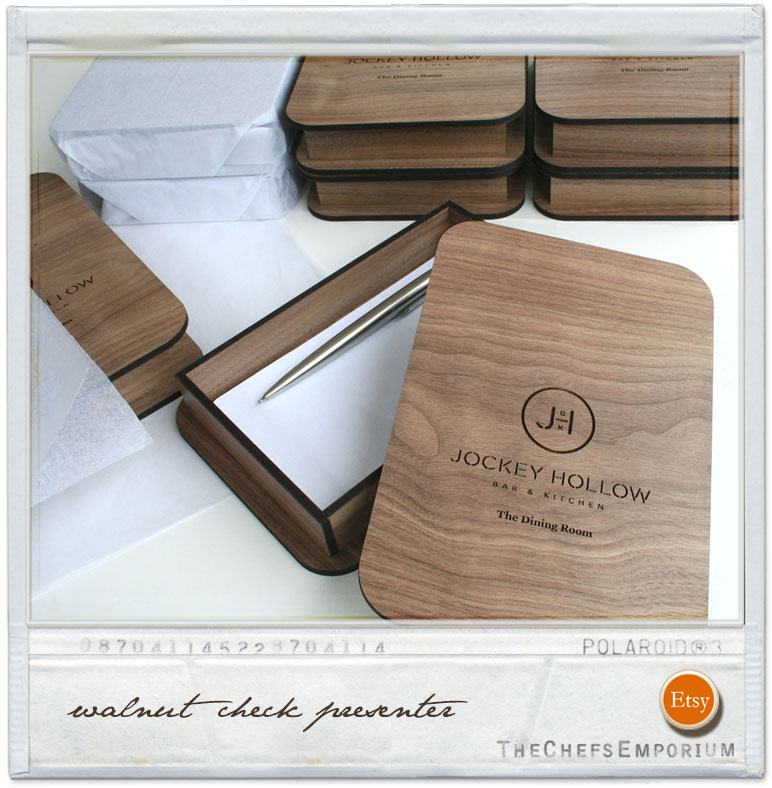 Wooden Box Check Presenter handcrafted from walnut and custom engraved with your logo.