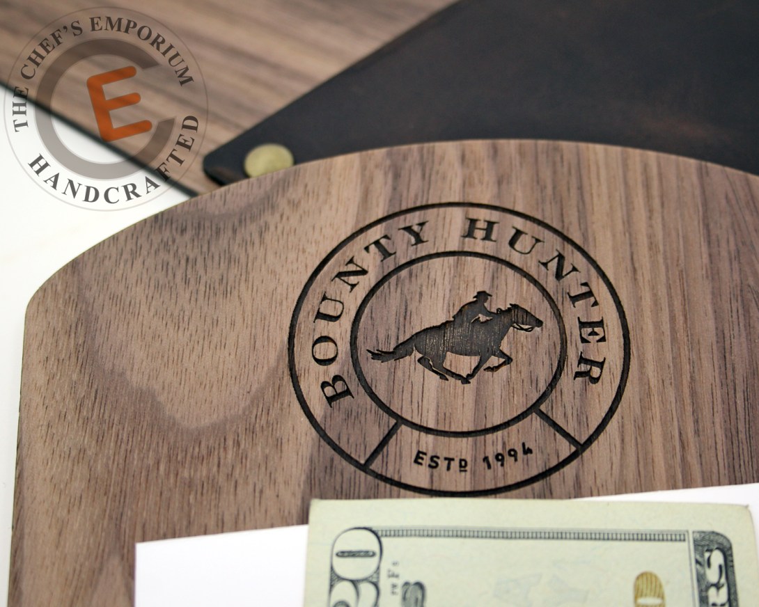 Laser engraved wood and leather check presenters