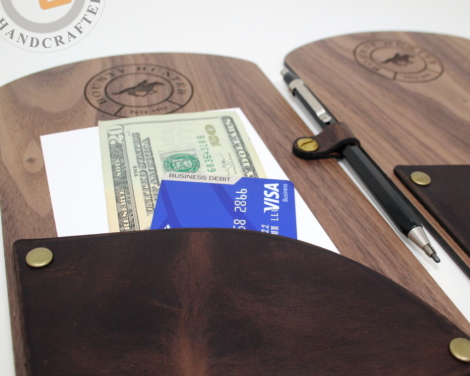 Custom crafted wood and leather restaurant bill presenter.