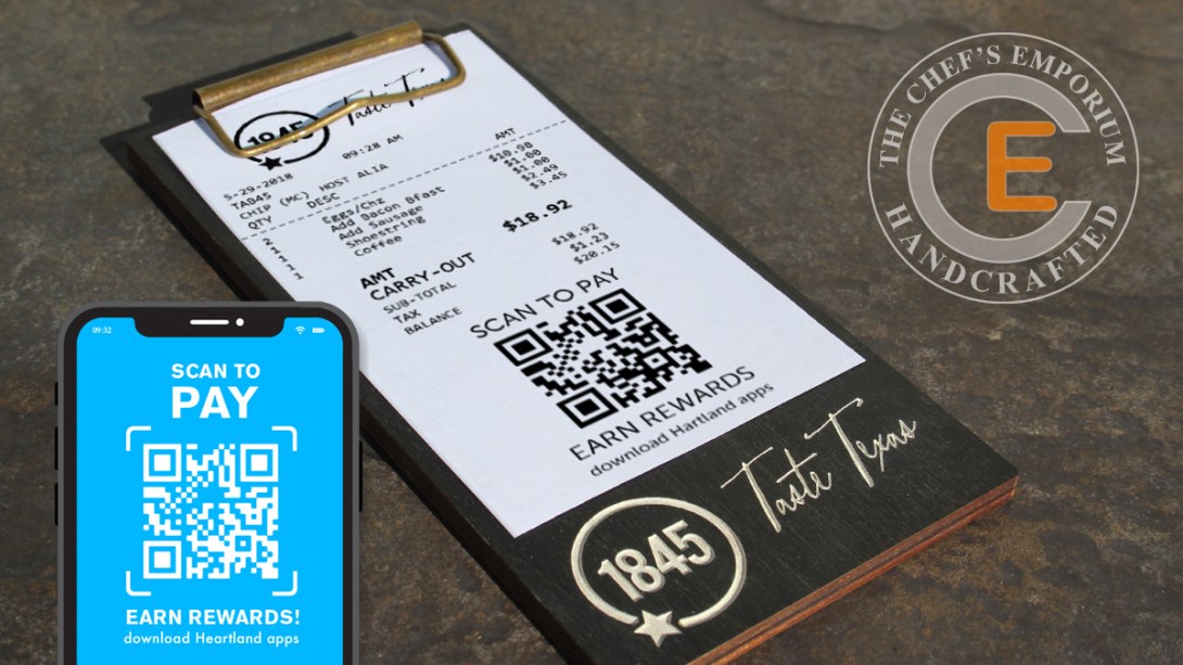 Restaurant and hospitality industry check presentation.  Mini clipboard for QR code scan-able bill payment